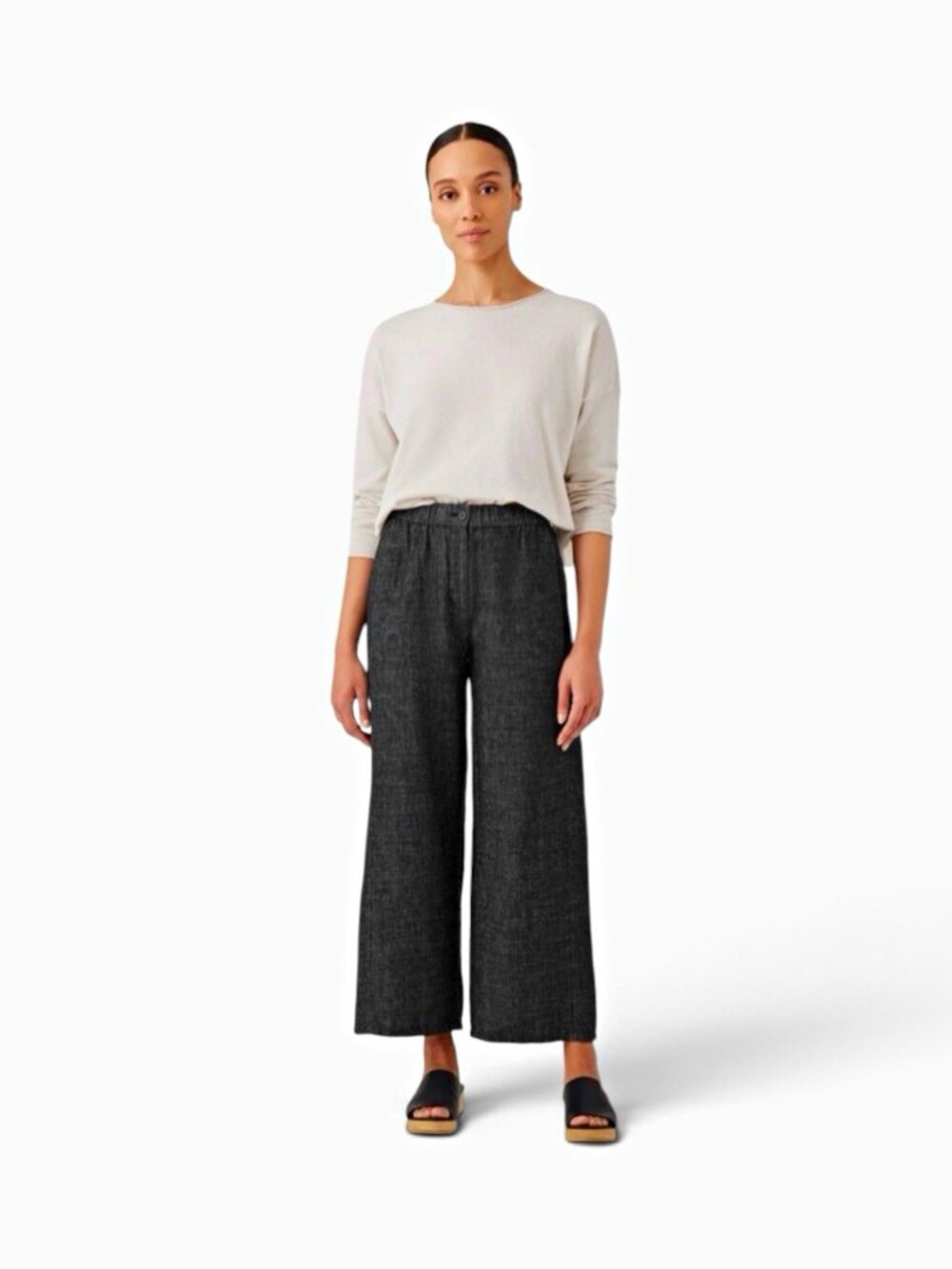 Eileen Fisher Pants Women’s 14 Blue Organic Cotton Hemp Twill Wide Leg Cropped